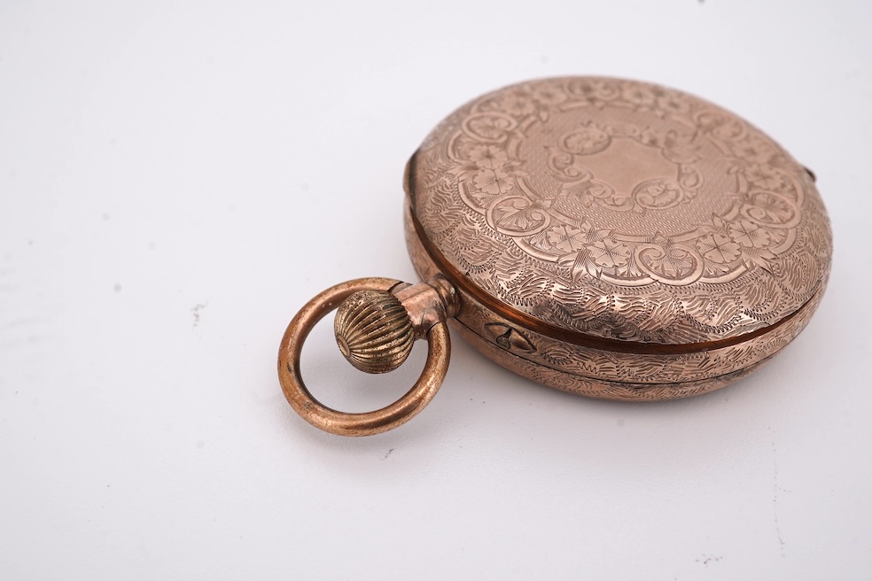 An early 20th century continental 9k open faced fob watch, with Roman dial, 34mm, gross weight 30.5 grams. Condition - poor to fair